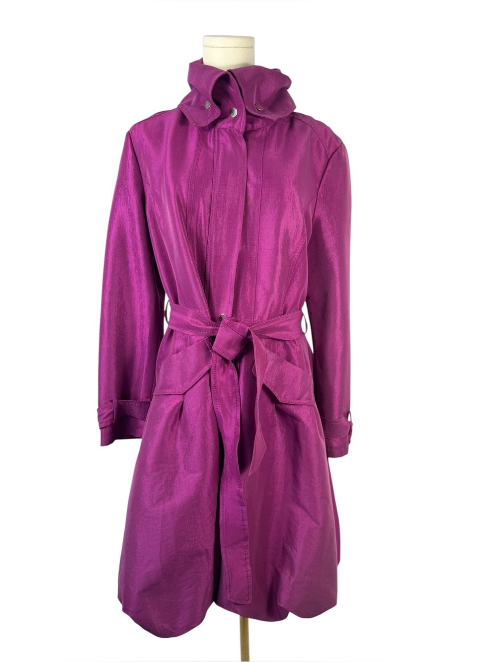 Dué Per Dué Classic Bubble Dress Trench Coat Fuchsia Pink L Belted